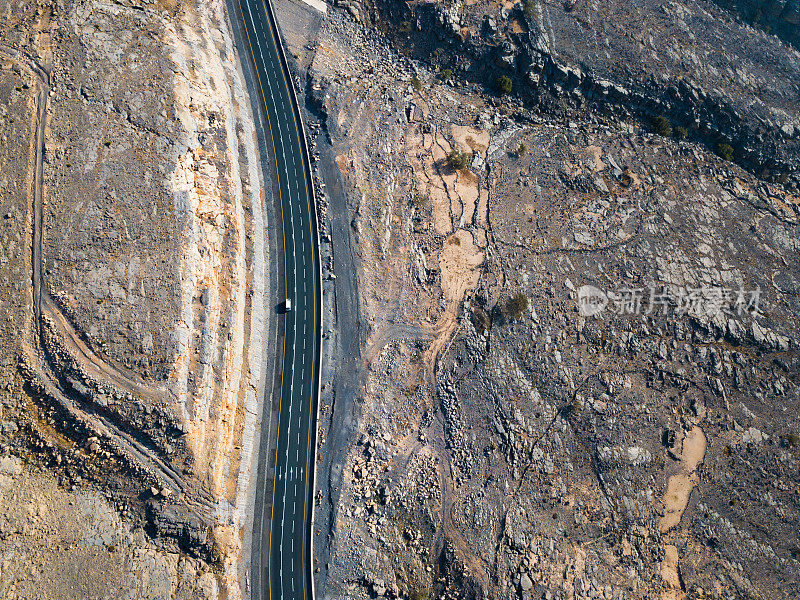 蜿蜒的沙漠道路在杰贝尔贾伊斯砂岩山在Ras Al Khaimah酋长国或阿联酋